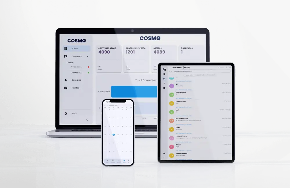 Painel do Cosmo CRM em notebook, tablet e celular