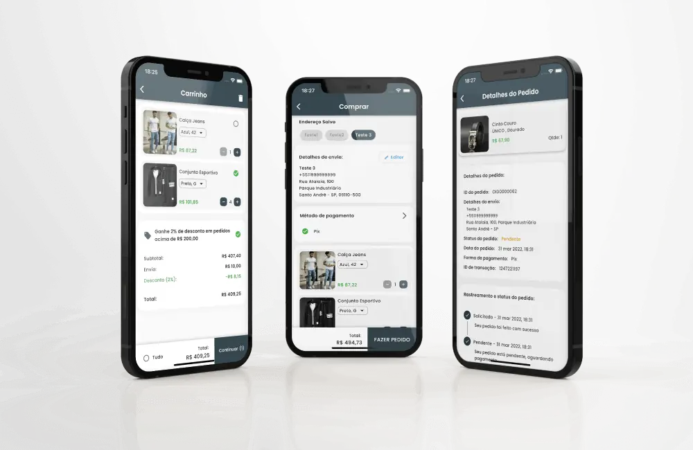 Telas do app Gerenciador de Vendas: carrinho, checkout e detalhes do pedido