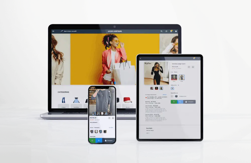 Loja Virtual exibida em notebook, tablet e celular