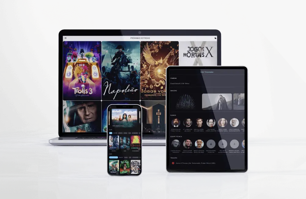Movie DB em notebook, tablet e celular, com estreias, elenco e equipe técnica