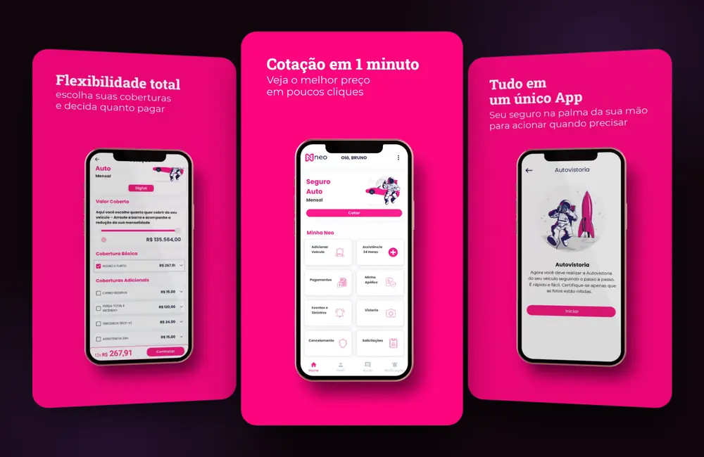 Telas do app Neo Seguradora: coberturas, início e autovistoria