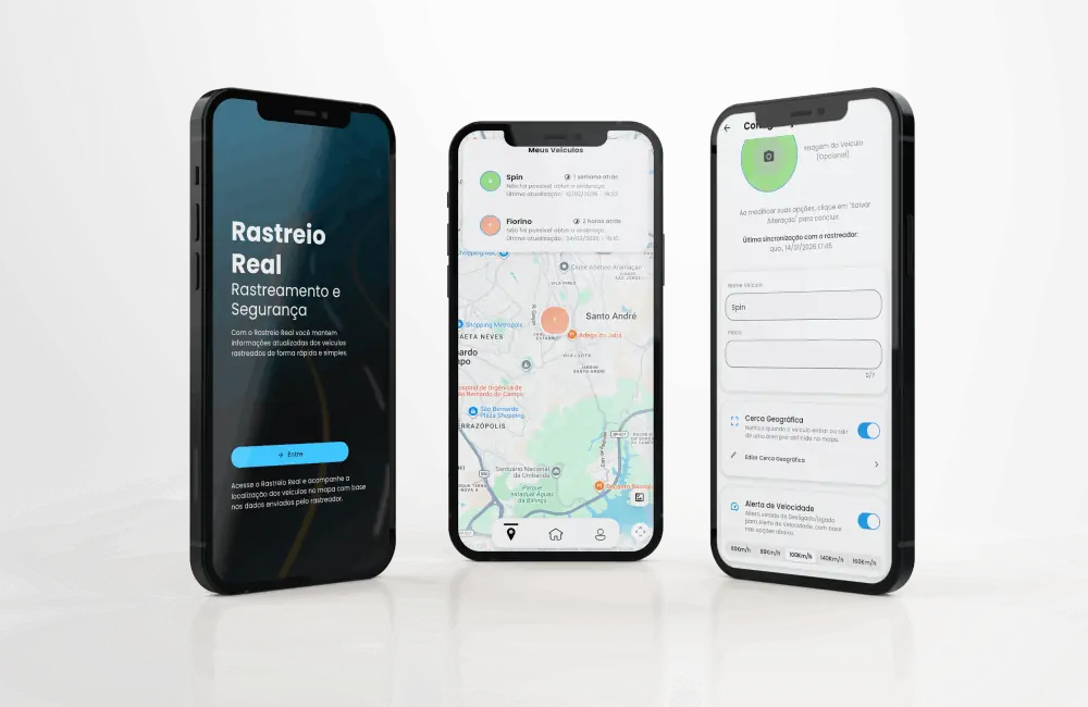 Telas do app Rastreio Real: veículos no mapa, cerca geográfica e alerta de velocidade