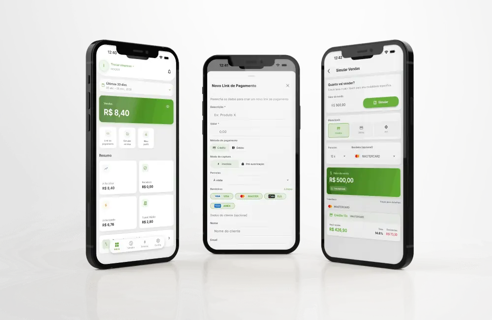 Telas do app TrevoPag: novo link de pagamento e simulador de vendas